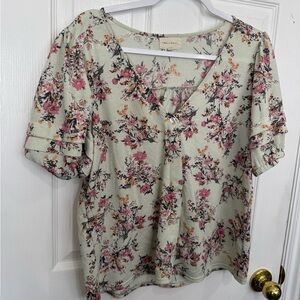 MELLODAY Mint Floral Short-Sleeve Blouse with Pink and Orange Flowers